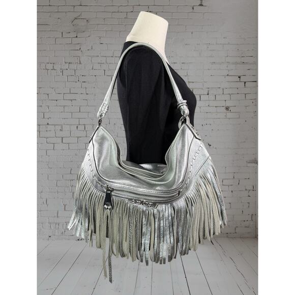 Aimee Kestenberg Silver Leather Fringe Hobo Shoulder Bag | Boho Western Cowgirl - Picture 1 of 6